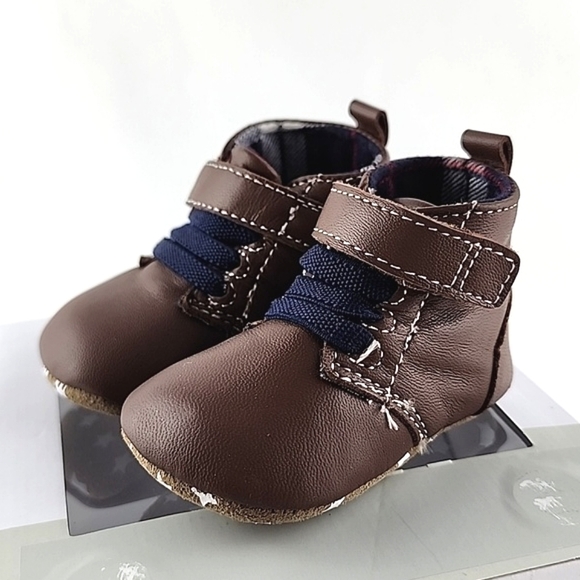 Robeez First Kicks Shoes Soft Brown Premium Leather Baby Navy Plaid Sz 0-3 Month - Picture 6 of 15